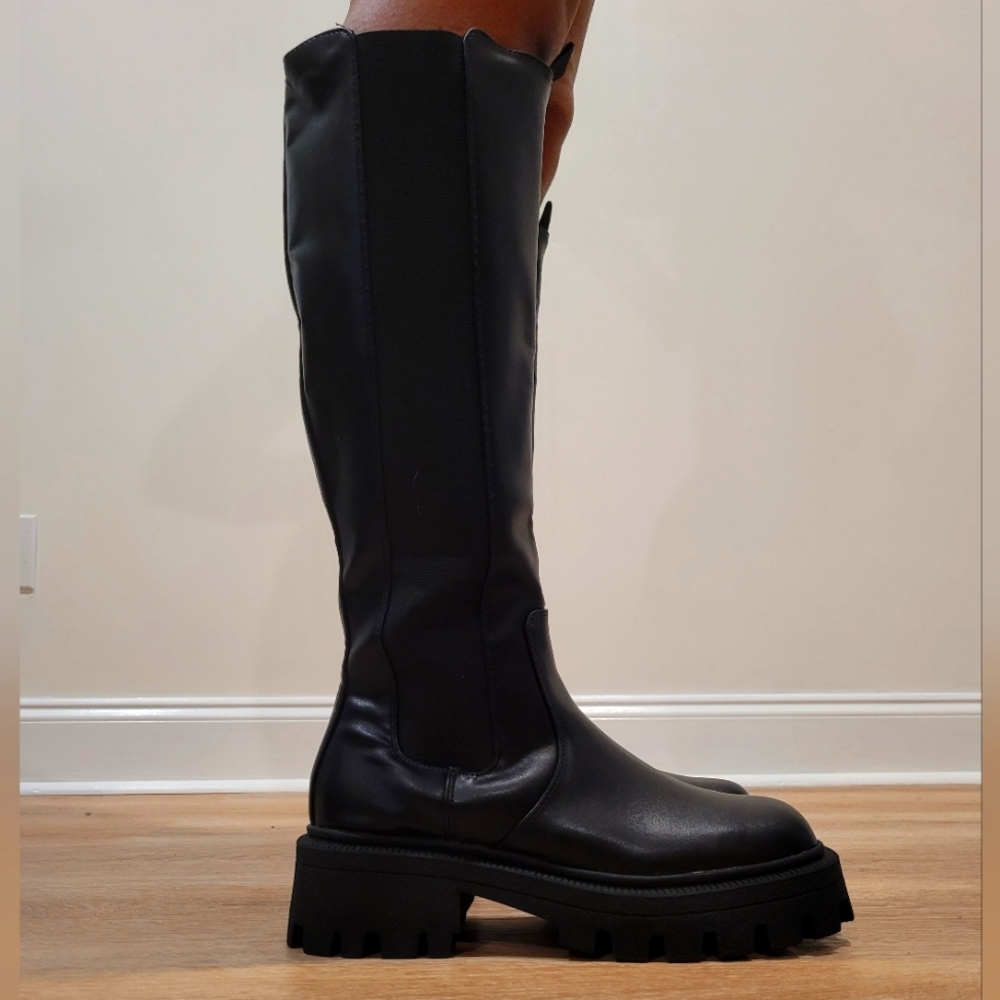 ASOS Chestnut square toe chunky knee high boot BLACK, SIZE UK 6 (US 8)